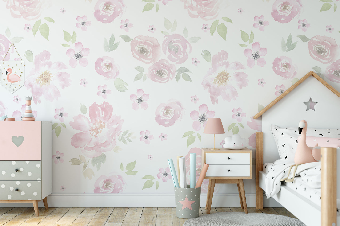 Wallpaper Bella Pink Watercolor Fowers